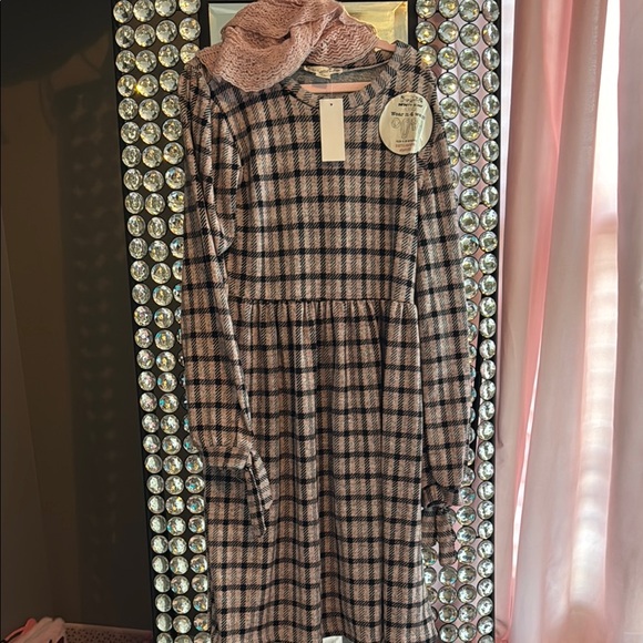 Knitworks Pink and Black Checkered Kids Long Sleeve Dress with Scarf Girls XL - Picture 1 of 5